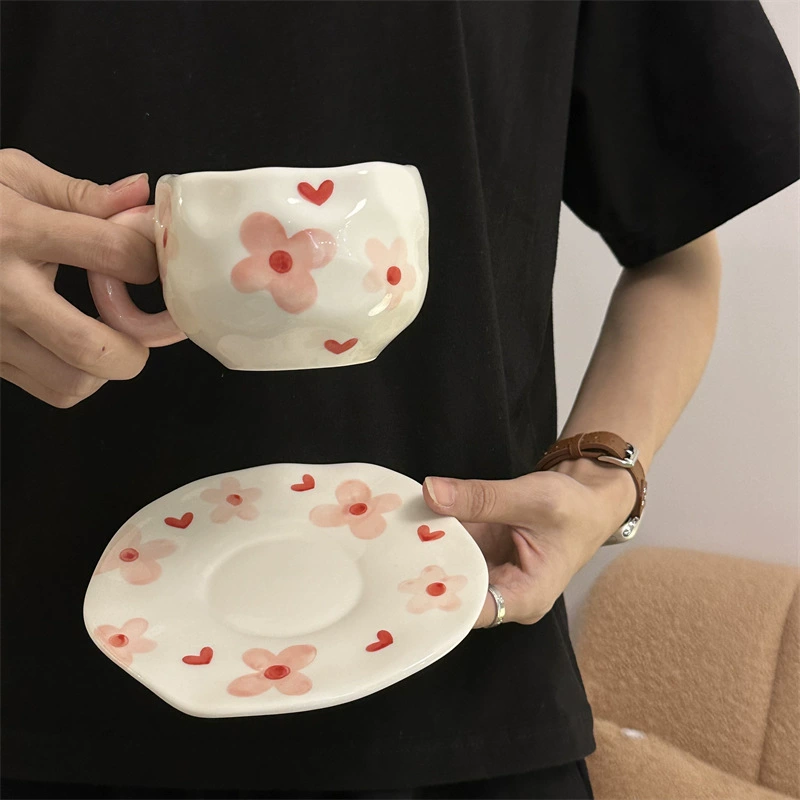 Ceramic coffee cup set INS Japanese retro, hand-painted irregular saucer, vintage style