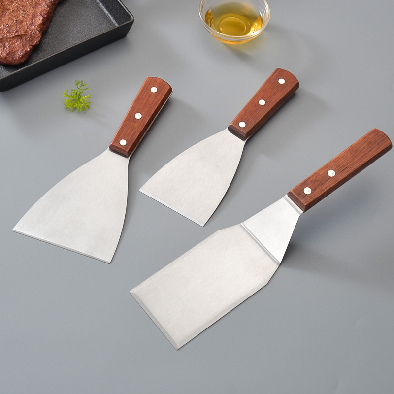 三边利口平铲厨房小工具斜口铲铁板烧铲不锈钢木柄煎饼蛋糕料理铲