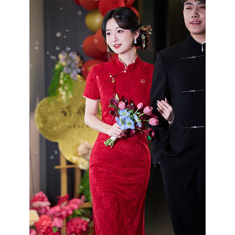 Red Cheongsam Women's Engagement Dress Summer New Chinese Style Improved Toasting Dress Bride Small Mother College Entrance Examination