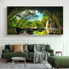 Giant Modern High-Quality Single-Panel Landscape Picture Cave Hole Tree Waterfall Canvas Painting Home Decor Spray Painting Wall Art