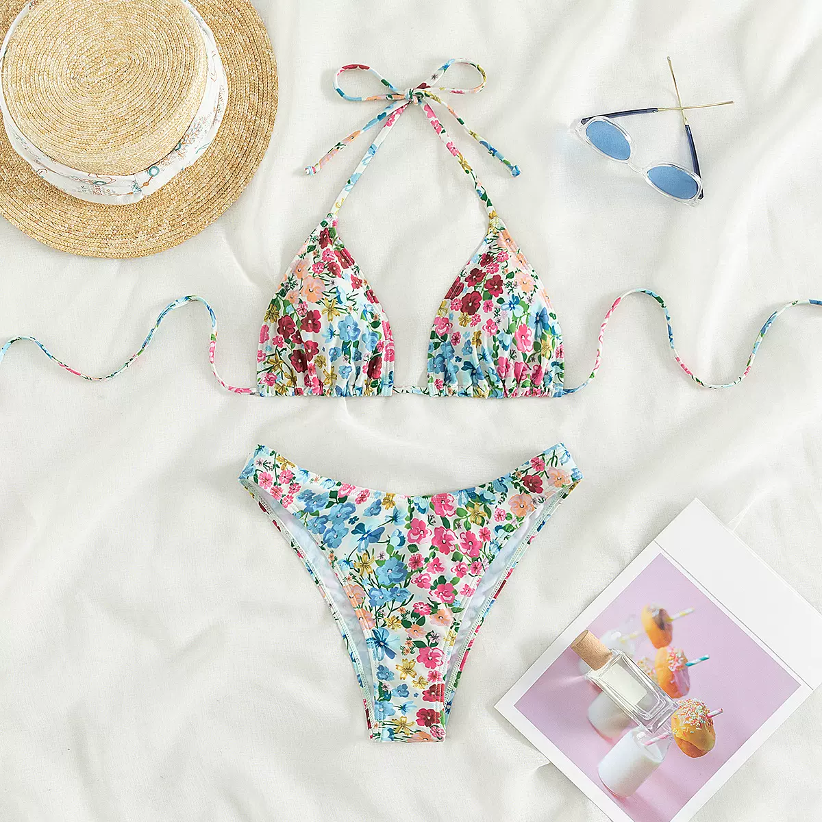 2025新款分体泳衣女小碎花比基尼泳衣三角包三点式比基尼跨境泳衣