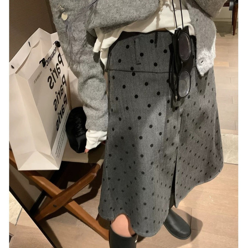 Miu Style Outfit~ Reversible Pleated Polka Dot Skirt for Women 2025 Autum New Fashionable Gray A-Line Midi Skirt
