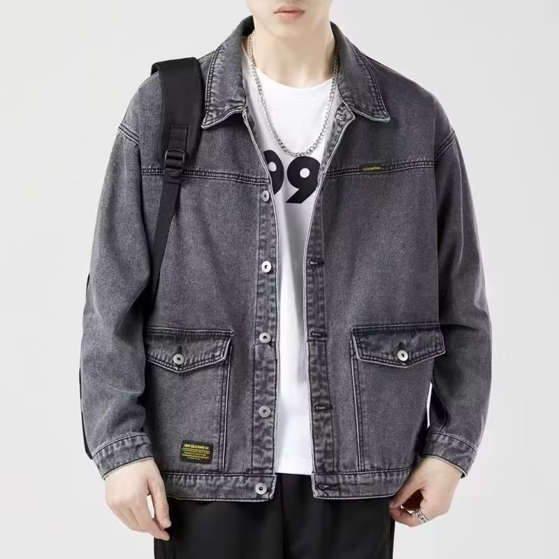 Primavera y otoño gran bolsillo Denim abrigo marca de moda de los hombres Suelta todo partido moda guapo chaqueta superior mapache