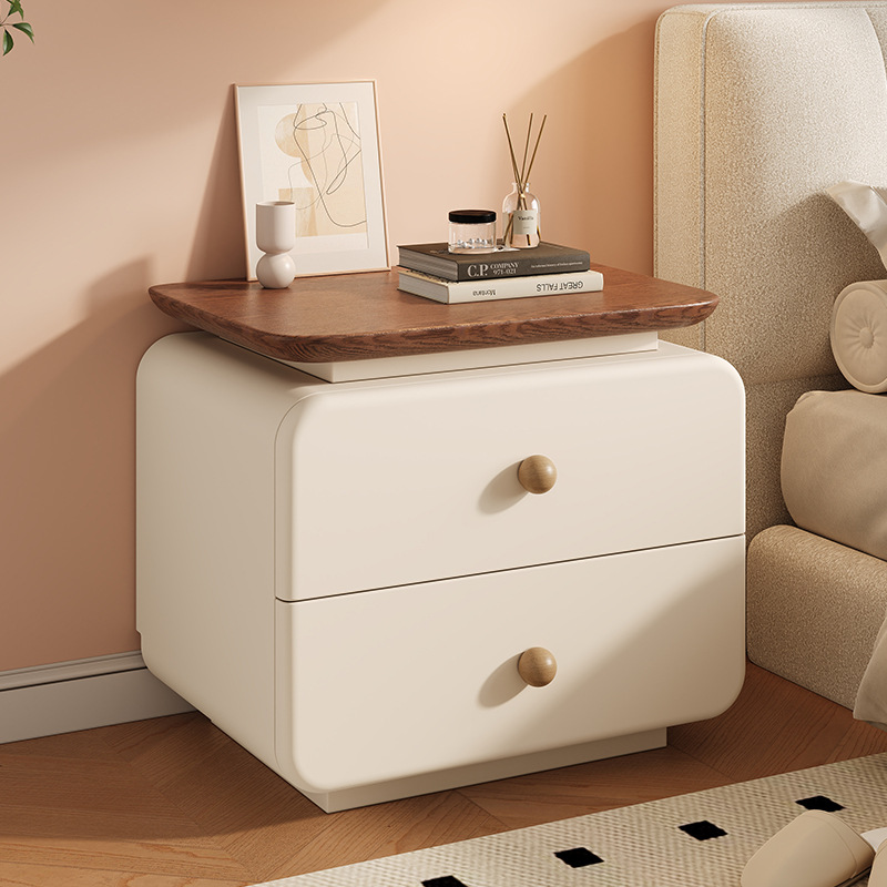 Cream-Colored Solid Wood Bedside Table, Simple and Modern New Model 2026, Light Luxury Storage Bedside Cabinet