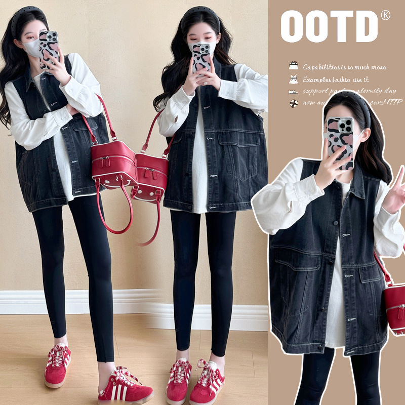 Spot Korean Style New Maternity Tops Autumn and Winter Clothing Extended Loose Long-Sleeved Tops + Vest Maternity Suit