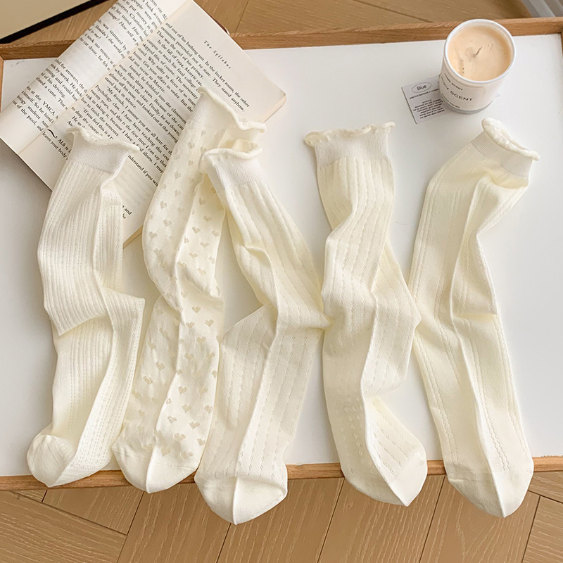 White Socks Women's Mid-tube Socks Summer Lightweight Hollow Lace Socks Ice Ice Stockings Students Casual Piled Cotton Socks