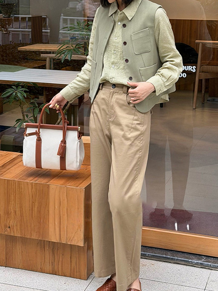 Quần dài ống rộng lưng bán co giãn màu kaki phong cách tối giản — Màu kaki