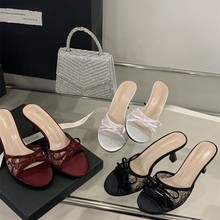 2025细跟高跟网面蝴蝶结凉拖鞋 35-39码