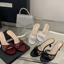 2025细跟高跟网面蝴蝶结凉拖鞋 35-39码