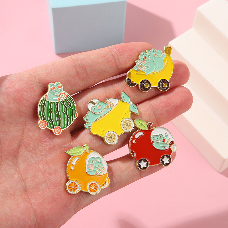 New Cute Animal Brooch Creative Cartoon Frog Watermelon Car Fruit Series Shape Paint Badge 12pcs Set display picture 4