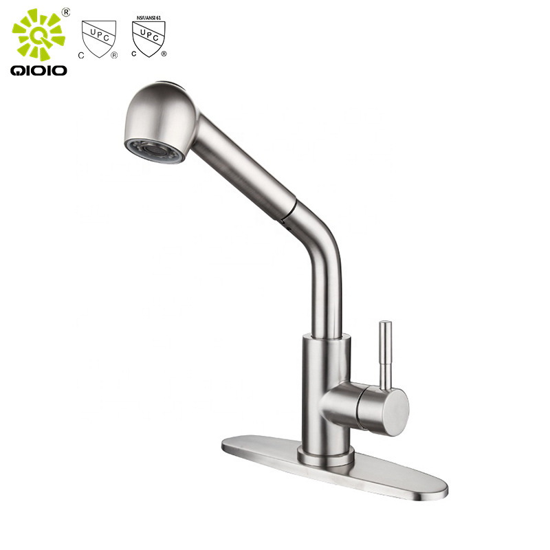 CUPC high quality 304 stainless steel brushed nickel deck mounted pull-out hot and cold kitchen faucet