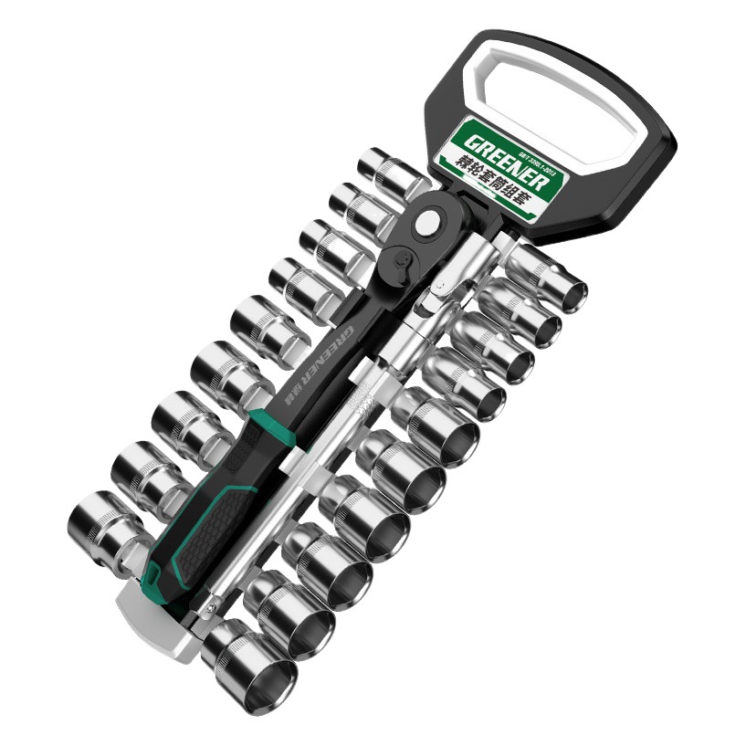 Juego de llaves de vaso Green Forest de 1710 mm con hexágono externo para apretar tornillos, llave de carraca para neumáticos de 90 dientes
