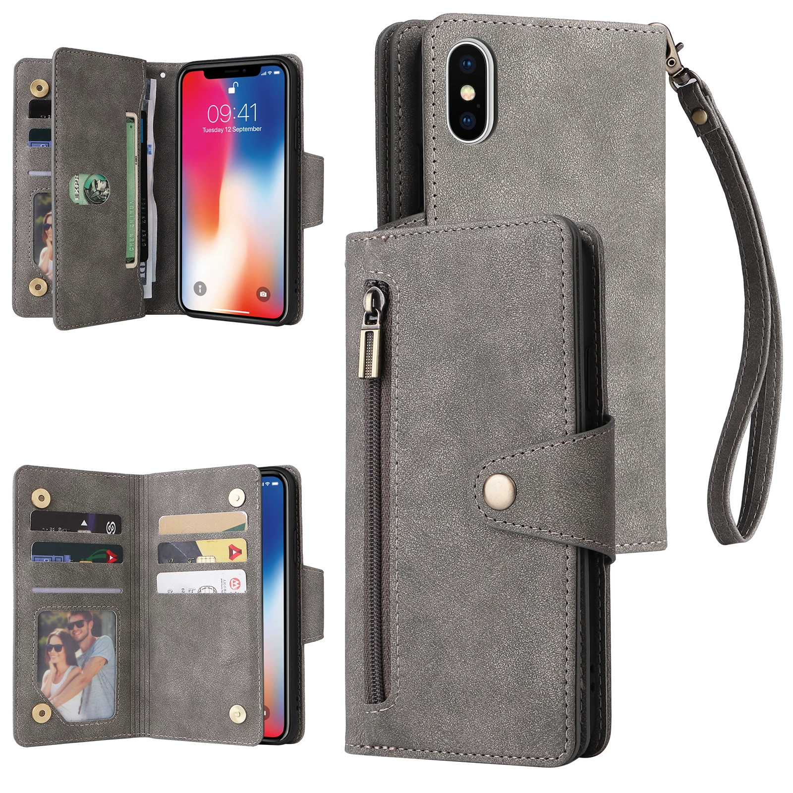 Подходит для iPhone X, кожаный чехол-книжка с заклёпкой, молнией и отделением для карт, для iPhone Xs Max