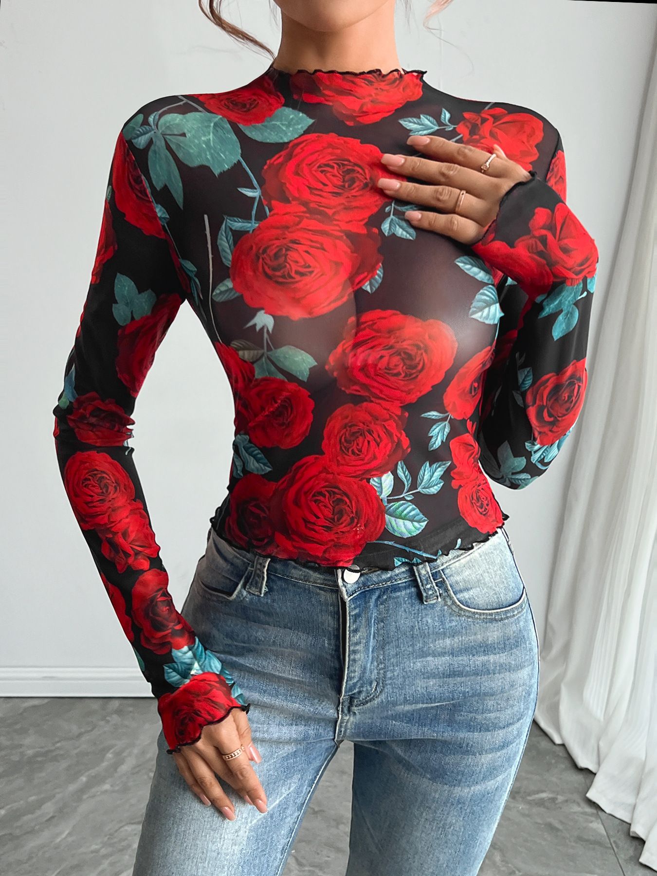 Amazon transfronterizo europeo y americano 2026 nuevo estilo femenino rosa transparente estampado floral de manga larga cuello pequeño