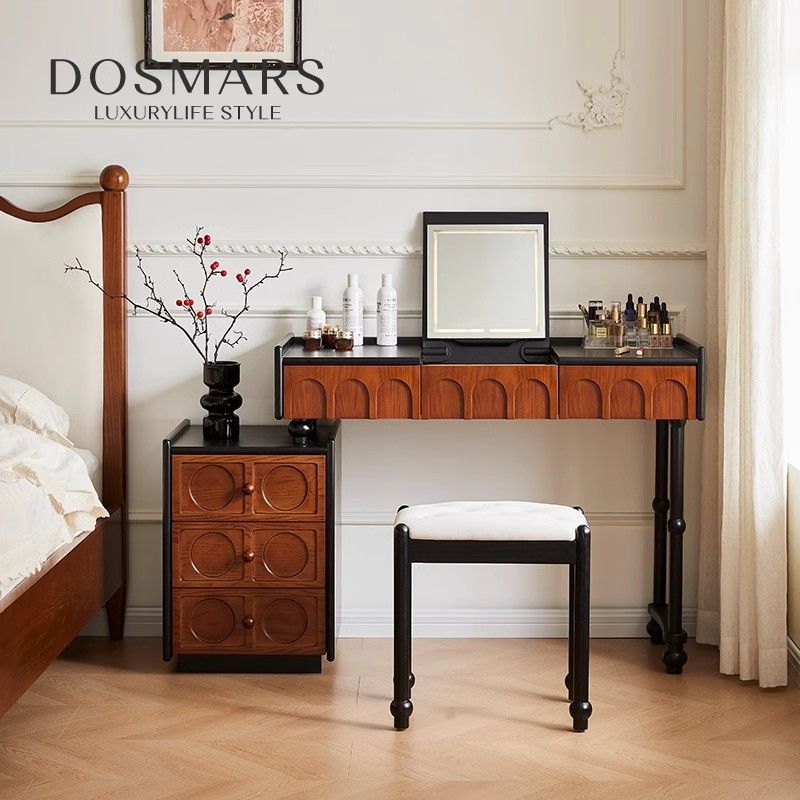 Medieval Style Dressing Table Cupboard Flip Dressing Table Retractable Solid Wood Multi-Functional Dressing Table Small Apartment Desk
