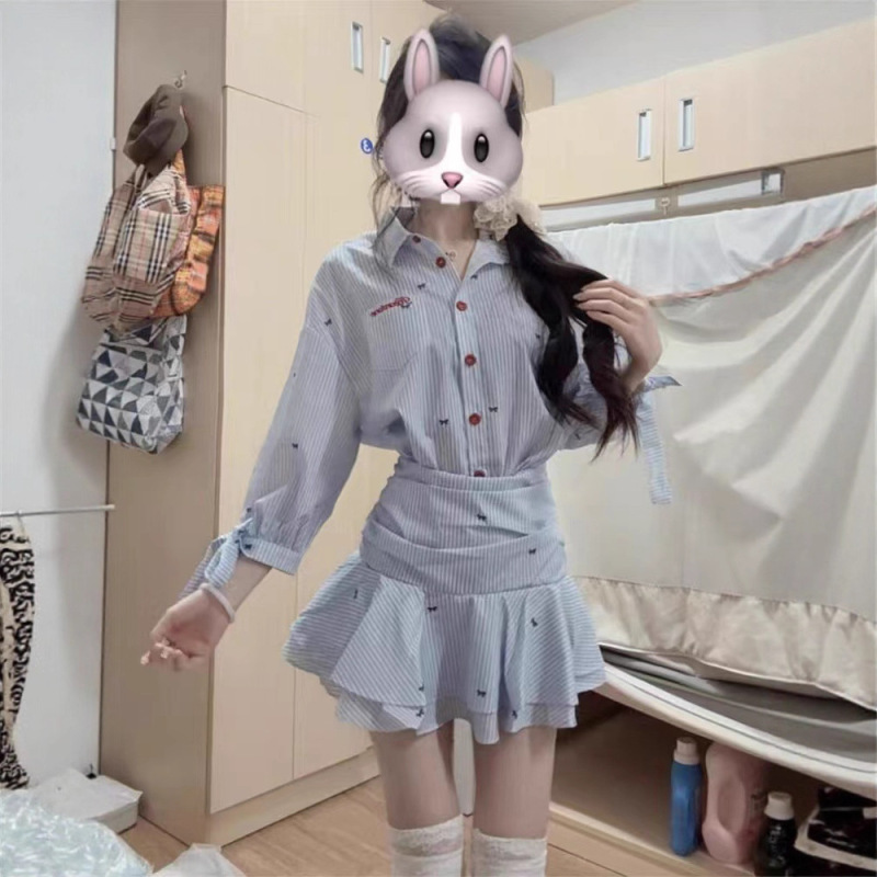 学院风miu系蓝色衬衫连衣裙子女装2025新款秋季气质收腰百褶短裙|undefined