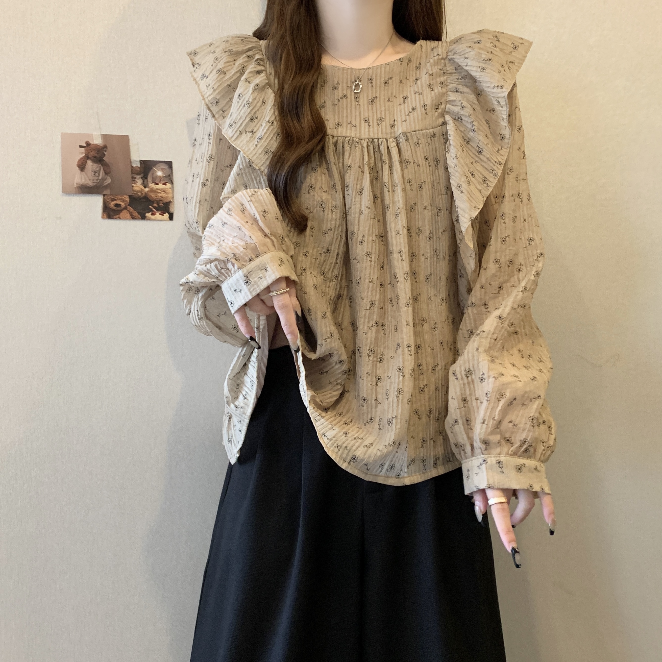MAILLARD RUFFLED FLORAL CHIFFON 셔츠 여성용 가을 플러스 사이즈 통통녀 슬림 배꼽 덮음 인형 셔츠 연령 감소 탑