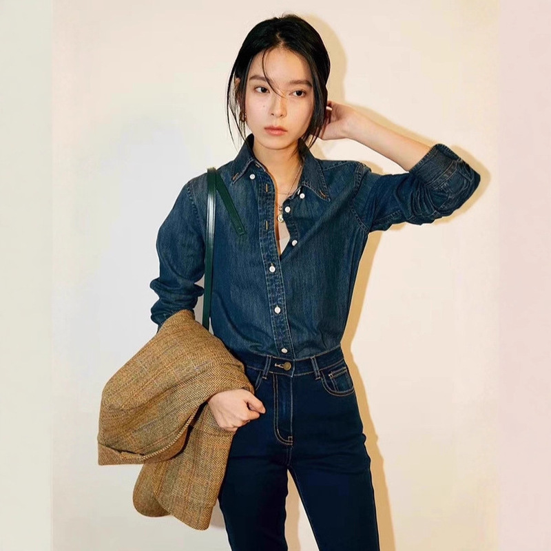 Brother's Mall Same Style Women's 2025 Autumn Retro Blue Denim Shirt Casual Commuting Versatile Top