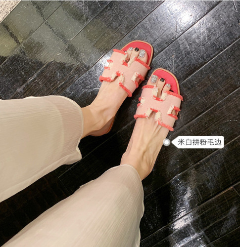 Grape Mom StudioLee Heavy Duty Imported Leather Classic Round Toe Fringe Letter Flat Sandals for Women Summer Outdoor Wear