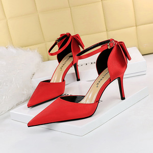 5196-a1 Korean version elegant high-heeled shoes silk satin hollow shallow mouth pointed straight line with hollow bow f