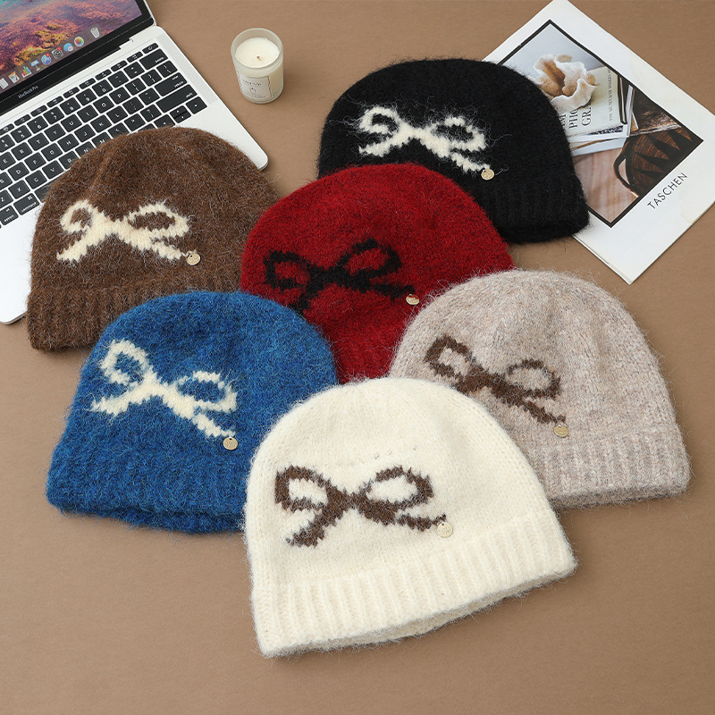 Swee Cue Bow Jacquard Knied Beanie Auumn Winer Lierary Versaile Large Head Circumference Wool Cold-proof Warm_voghion.com