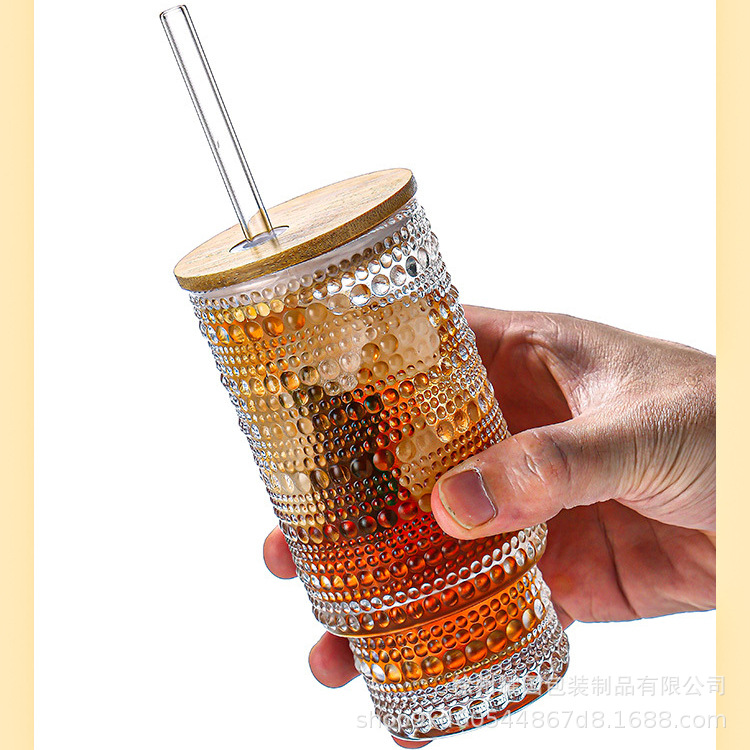Exportación Amazon 11oz taza apilada de vidrio taza de bambú de patrón vertical transparente taza de sorbete de bebida de gran diámetro taza de jugo