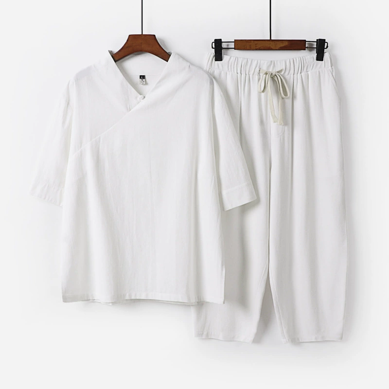 Летний костюм из хлопка и льна с рукавом три четверти в китайском стиле, китайский костюм Тан, Ханфу, комплект из двух предметов в стиле ретро, ​​чайный костюм дзен, мужская одежда