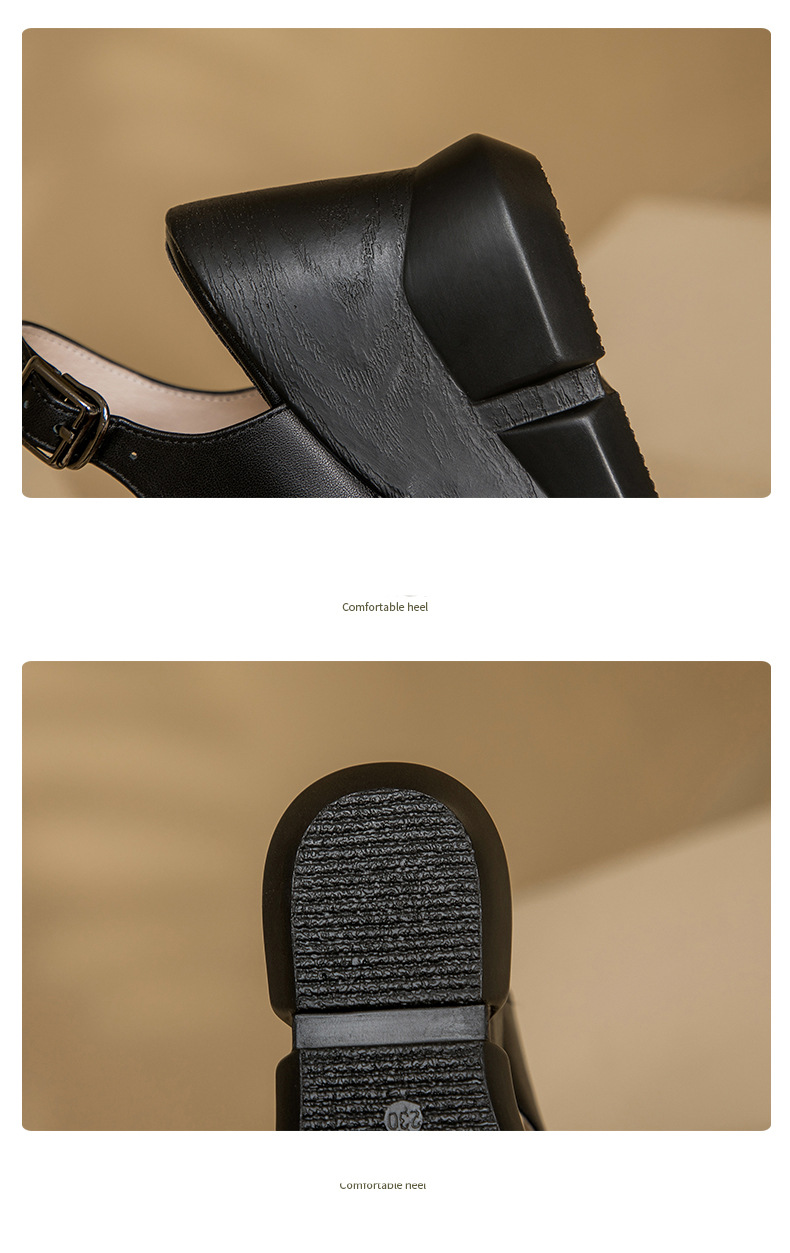 Sandal nữ đế xuồng miệng cá da bò, quai ngang đơn giản, gót cao 8 cm — Màu đen chi tiết 9