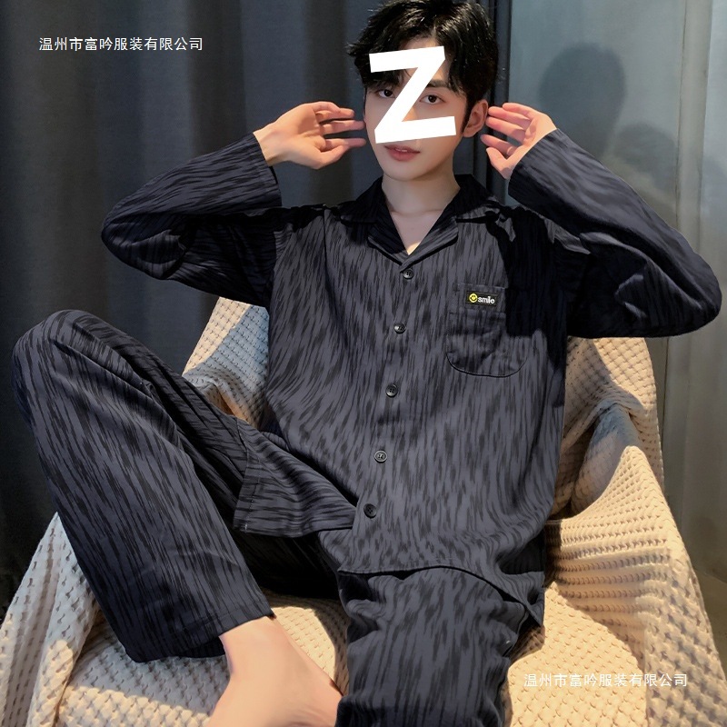 Pure Cotton Pajamas Men's Spring and Autum Long-Sleeved Men's Youth Large Size Casual Autum and Winter Home Wear Set Simple and Casual