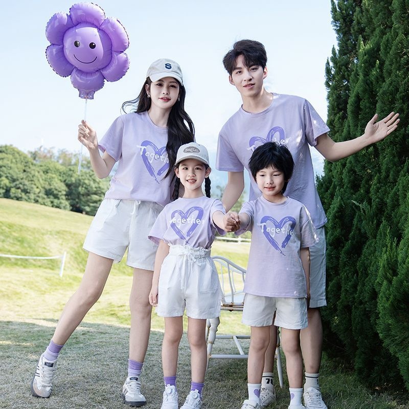 2025 Spring New Fashionable Parent-Child Outfit Set for Families of Three or Four - Printed Short-Sleeve Sporty Style