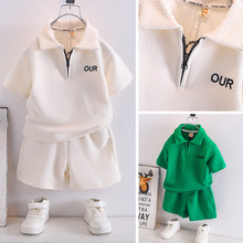 儿童夏装小方领半拉链套装酷帅男宝宝短袖两件套薄款衣服外贸童装