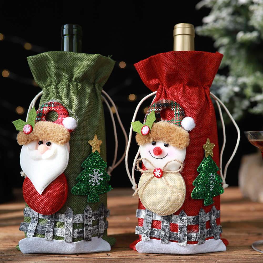 Haube novas decorações de Natal linho neve desenho animado cordão conjunto de garrafa de vinho boneca xadrez bolsa de garrafa de vinho atacado_voghion.com