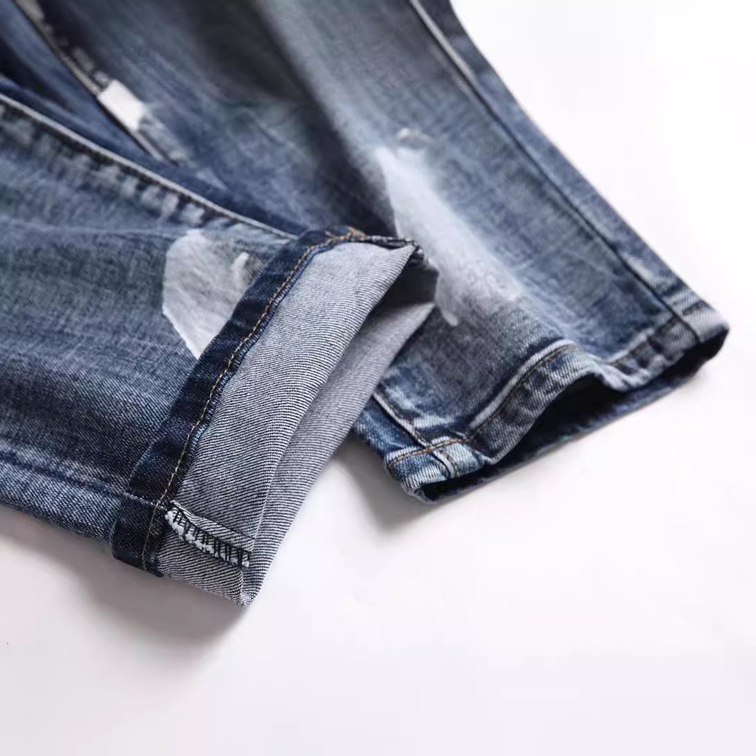 Men's Elastic Slim-Straight Jeans With Hand-Painted Full White Paint Finish, Washed Effect & Custom Towel Embroidery Badge_voghion.com