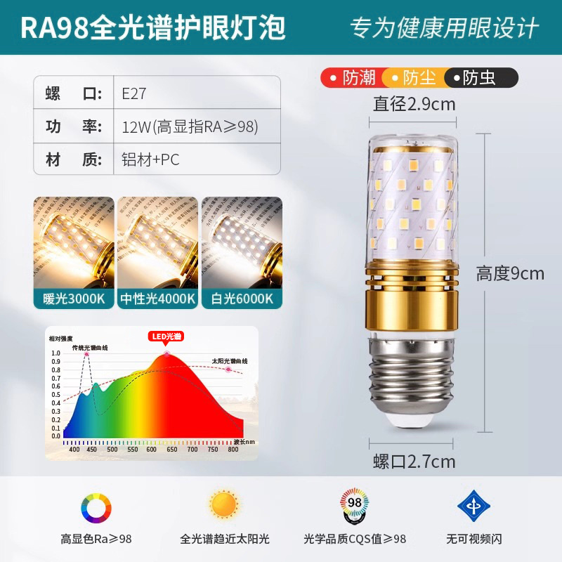 全光谱LED灯泡玉米灯家用e27螺纹e14螺口节能灯三色光源照明吊灯|undefined