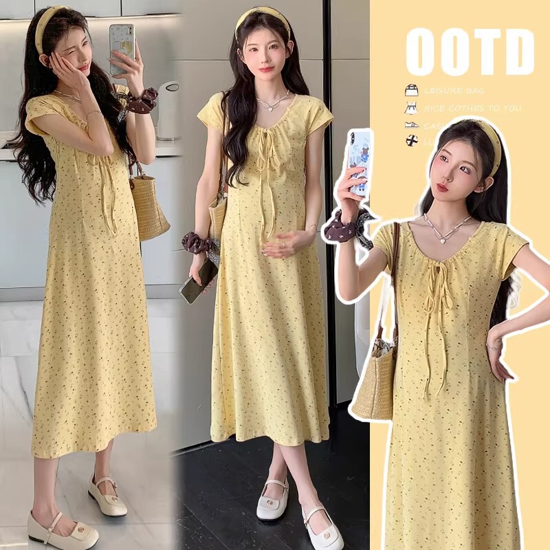Maternity Summer Dress 2026 New Style Printed Gentle Style Fashionable Slim Fit Tie Long Floral Dress Long Skirt