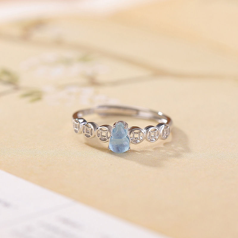 Nhẫn bạc S925 đính đá Aquamarine hình hồ lô phong thủy họa tiết đồng xu chiêu tài, dáng mở điều chỉnh — Một cái