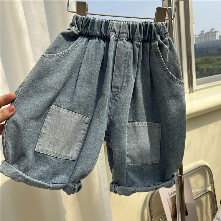 2024 Summer Korean Children's Thin Patch Capris Boys' Loose Wide Edition Denim Radish Pants Trend_voghion.com