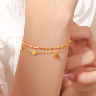 Titanium Steel Non-Fading Niche Accessible Luxury Rice Grain Double-Layer Small Disc Bead Bracelet Women's Design Exquisite White Anklet