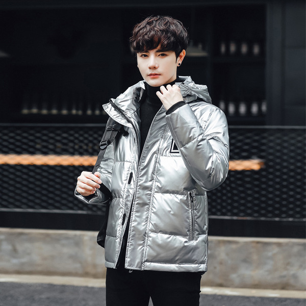 Men's glossy short warm down jacket for leisure with hood