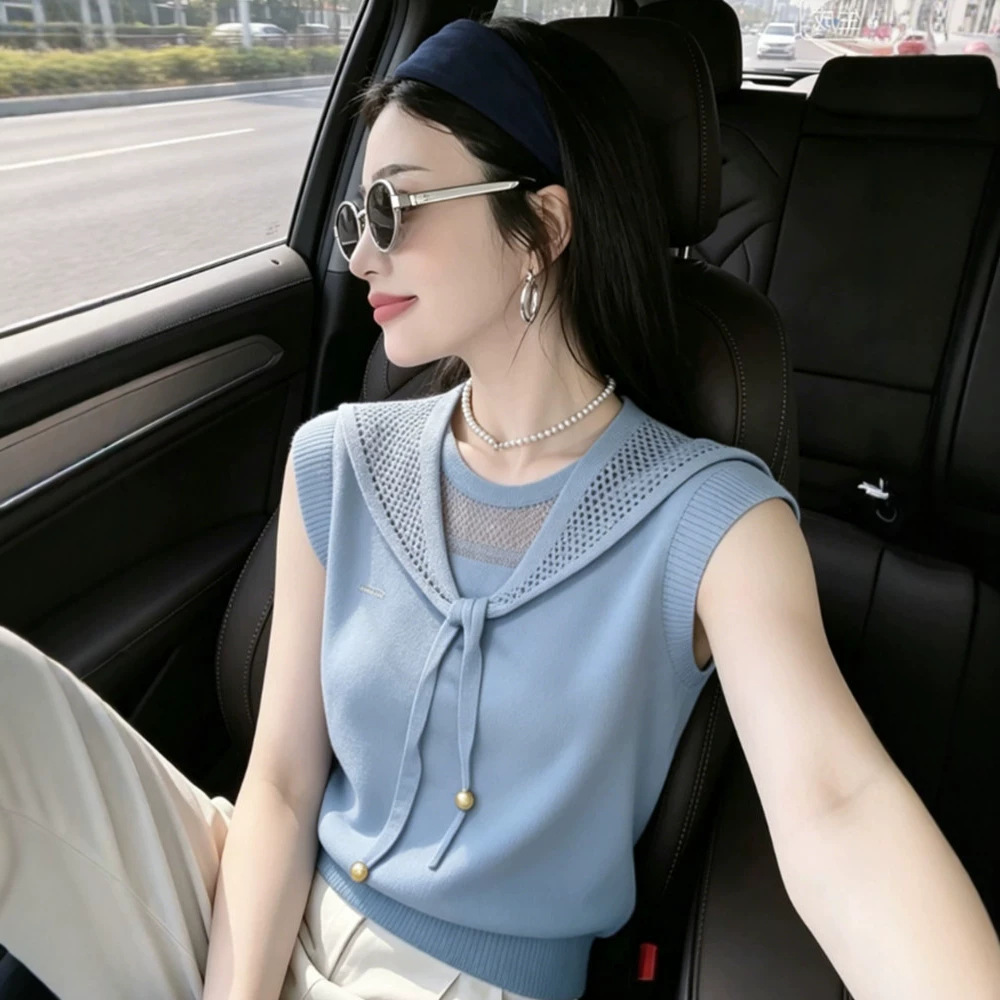 Áo hai dây dệt kim phong cách thiếu nữ ngọt ngào, họa tiết rỗng, tay dây mảnh — Màu xanh da trời chi tiết 2