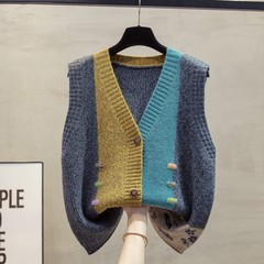 花柄Vネックニットベストカーディガン レディース 春秋 文芸風 新作 ゆったり 外出着 カラーブロック ベスト セーター 女性用