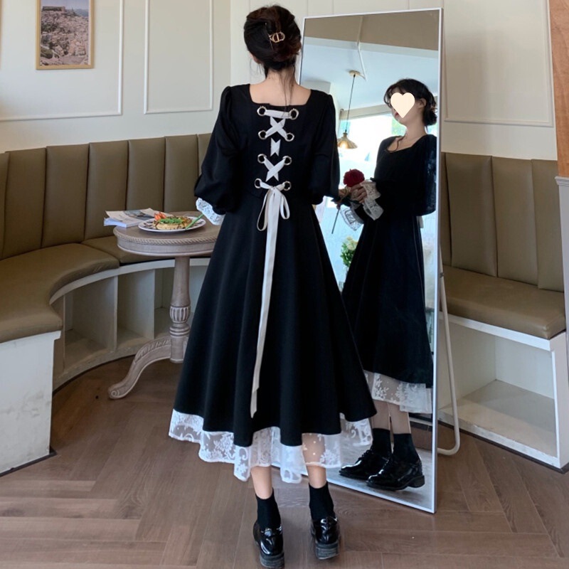 2026 Early Autumn New Style Female Influencer Trendy Bow-Tie Waist-Cinching Lace Puff Sleeve Dress Gown Princess Dress