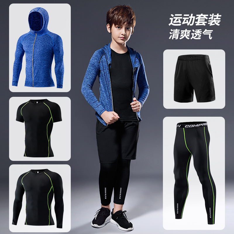 Children's Wear Quick-drying Sportswear suit Boy's Five-piece Set Running suit Elastic Basketball Tight Base Training Clothes