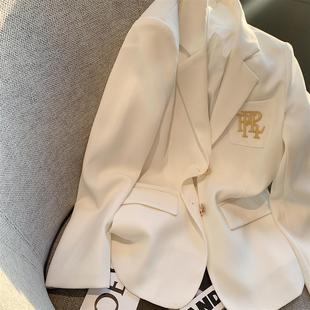 Letter Embroidered Textured Blazer for Women 2025 Spring New Korean Style British Style Versatile White Suit