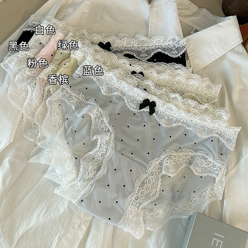 Young Girl's Lace Panties, Sexy and Cute, Mid-Waist, Seamless, Pure Cotton Crotch, Ice Silk Polka Dot Briefs, Women's Summer Thin Style