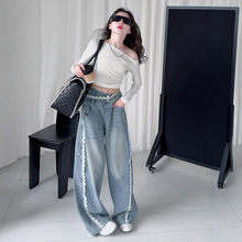 女童斜肩长袖T恤套装2025春季新款不规则蕾丝花边牛仔裤两件套潮