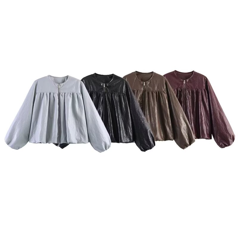 Za Cross-Border Foreign Trade Wholesale New European and American Style Women's Fashion Faux Leather Puff Sleeve Loose Leather Jacket Coat Za Cross-Border Foreign Trade Wholesale New European and American Style Women's Fashion Faux Leather Puff Sleeve Loose Leather Jacket Coat