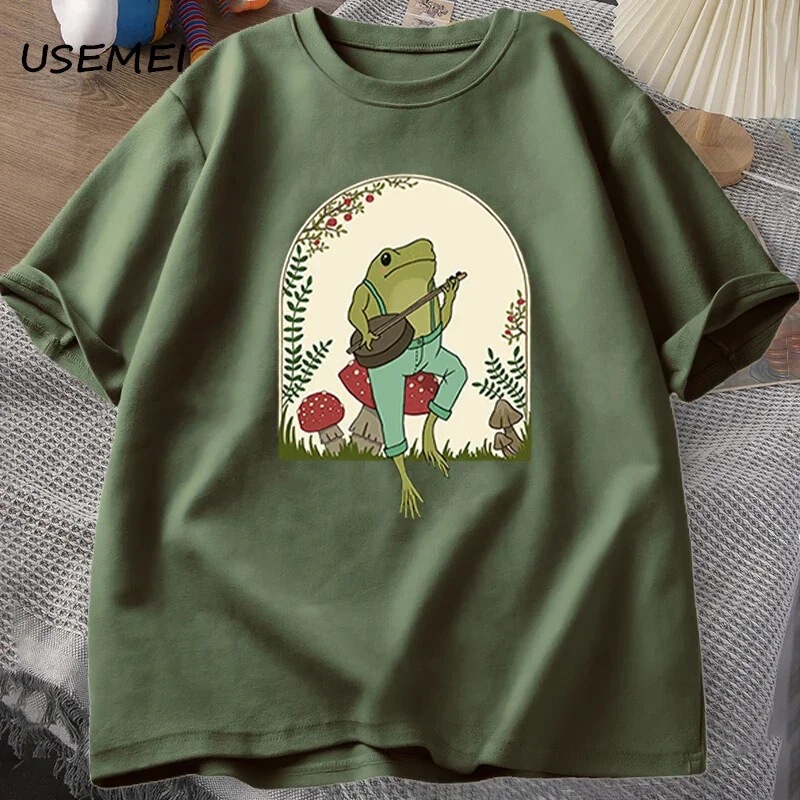 Cute Cottagecore T-Shirt with Aesthetic Frog Playing Banjo and Mushroom Design, Men's Summer Cotton Short-Sleeve T-Shirt Cute Cottagecore T-Shirt with Aesthetic Frog Playing Banjo and Mushroom Design, Men's Summer Cotton Short-Sleeve T-Shirt