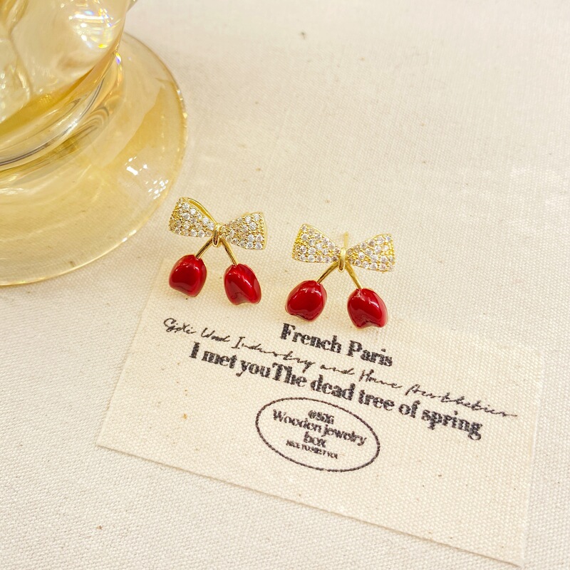 Earrings Women's Autumn and Winter All-match Cherry Red Earrings Fashionable Personalized Micro-inlaid Zircon Bow Earrings Trendy Ear Jewelry