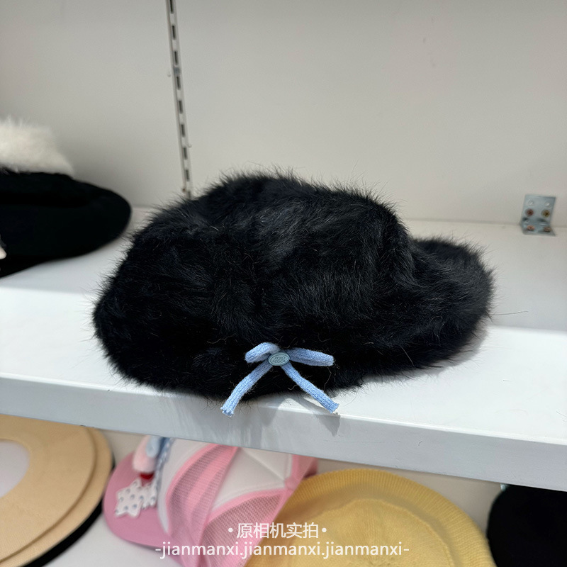 蓝色蝴蝶结兔毛蓓蕾帽子女款秋冬韩版韩国减龄显脸小保暖贝雷帽|undefined